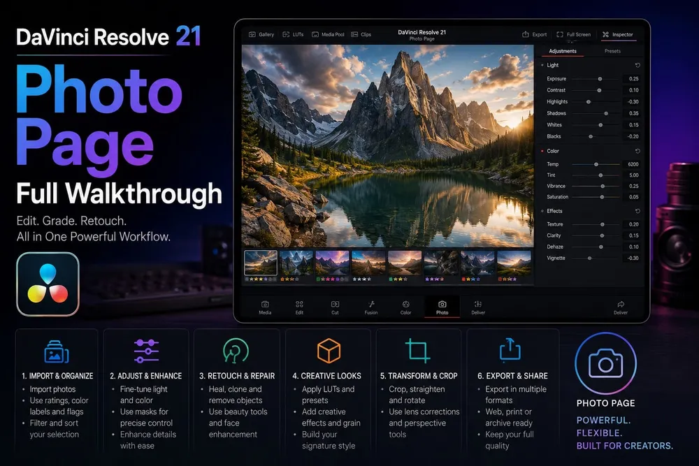 DaVinci Resolve 21 Photo page for pulling and editing stills
