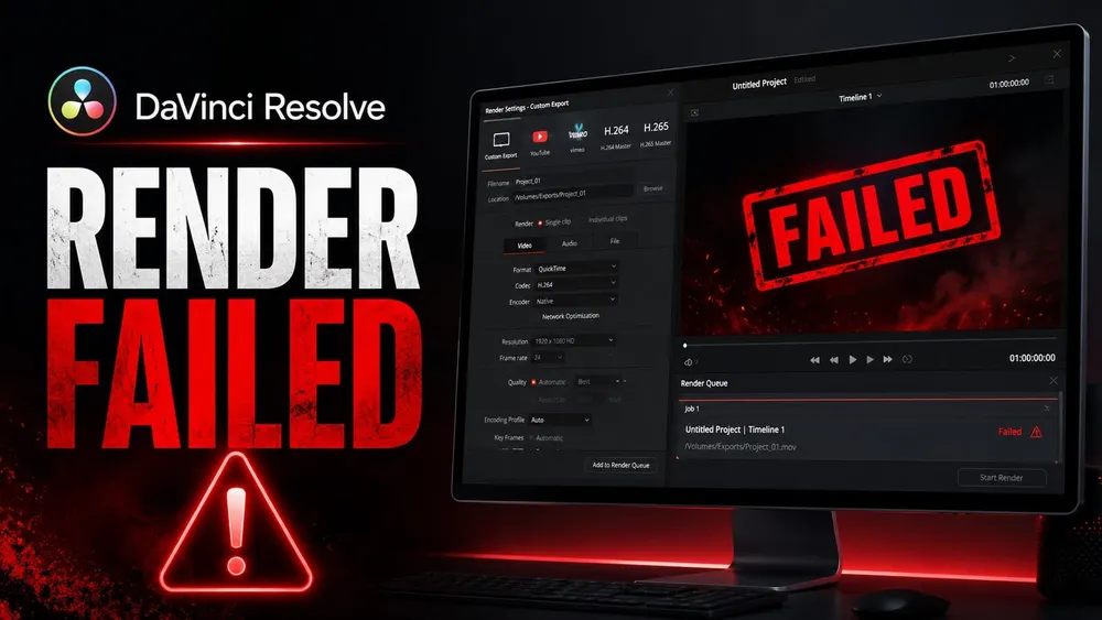 DaVinci Resolve Deliver page showing a failed render job