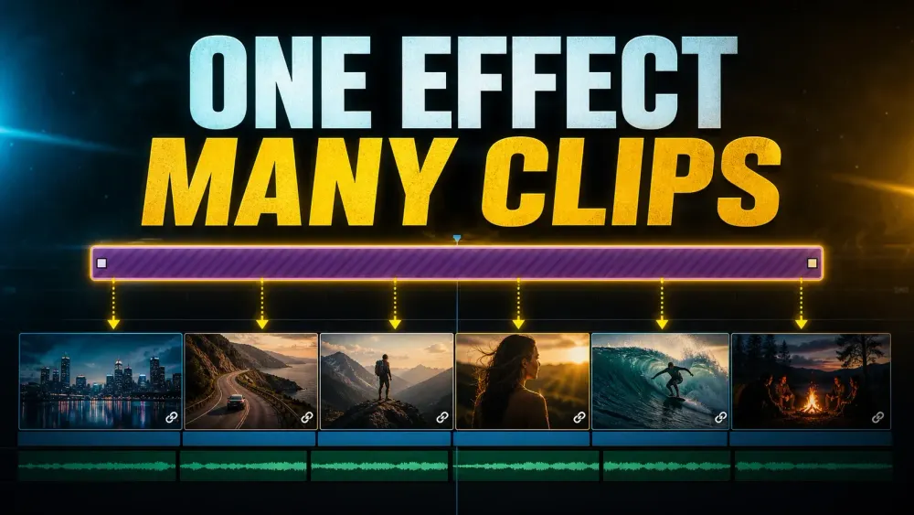 One Adjustment Clip applying a shared effect across multiple timeline shots