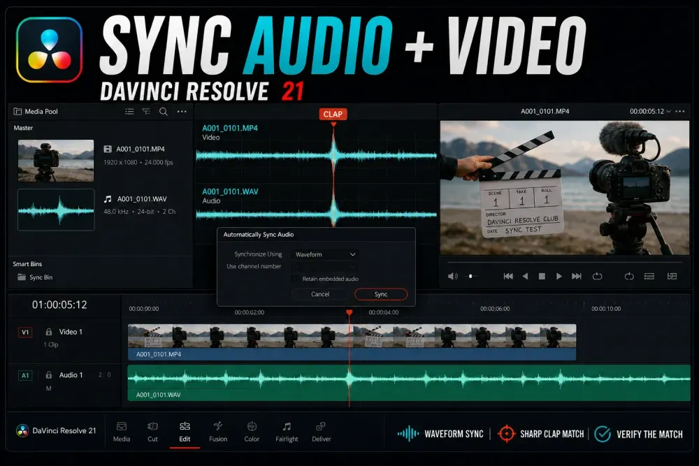 DaVinci Resolve 21 matching camera and external recorder waveforms at a clap for audio video sync