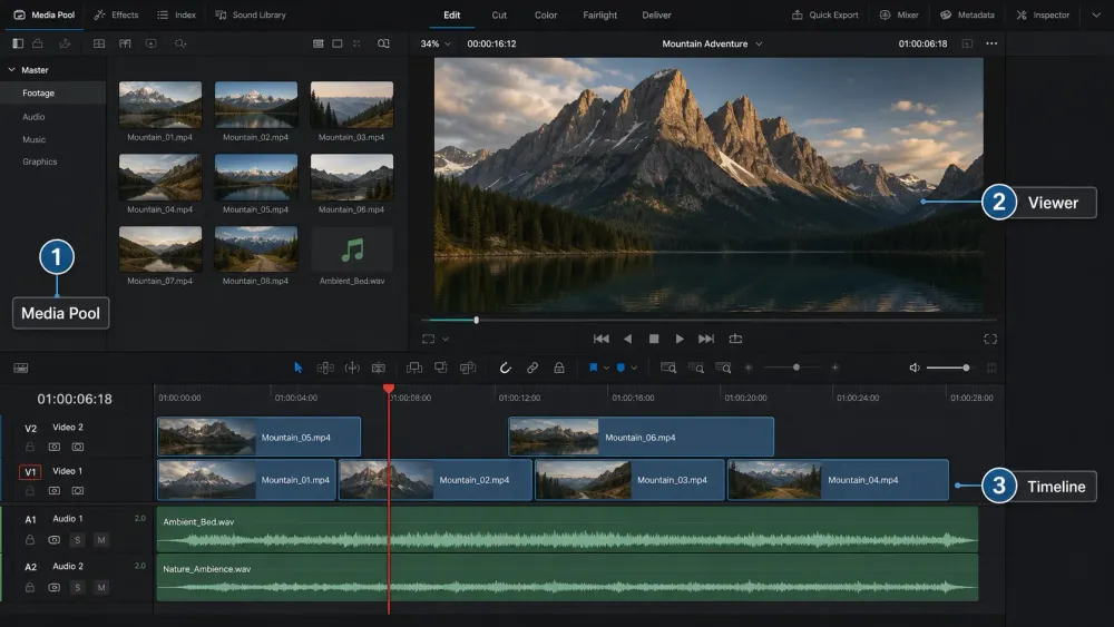 DaVinci Resolve Edit page map with Media Pool, Viewer and Timeline