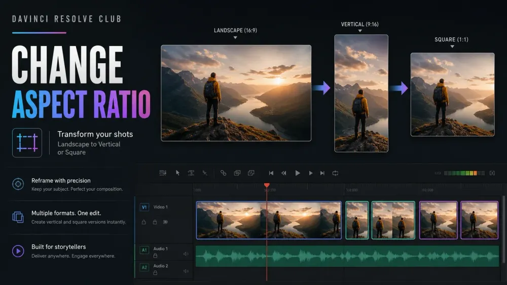 DaVinci Resolve timeline reframed for landscape, vertical and square video