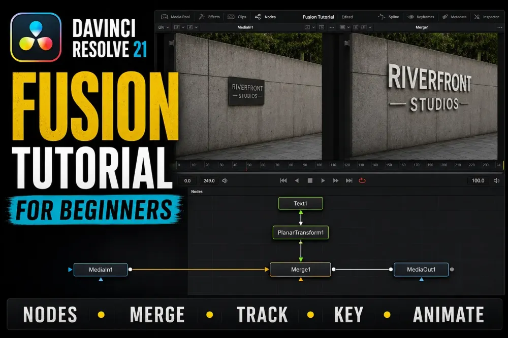 DaVinci Resolve 21 Fusion tutorial with two viewers and an accurate MediaIn Text Plus Merge MediaOut node graph