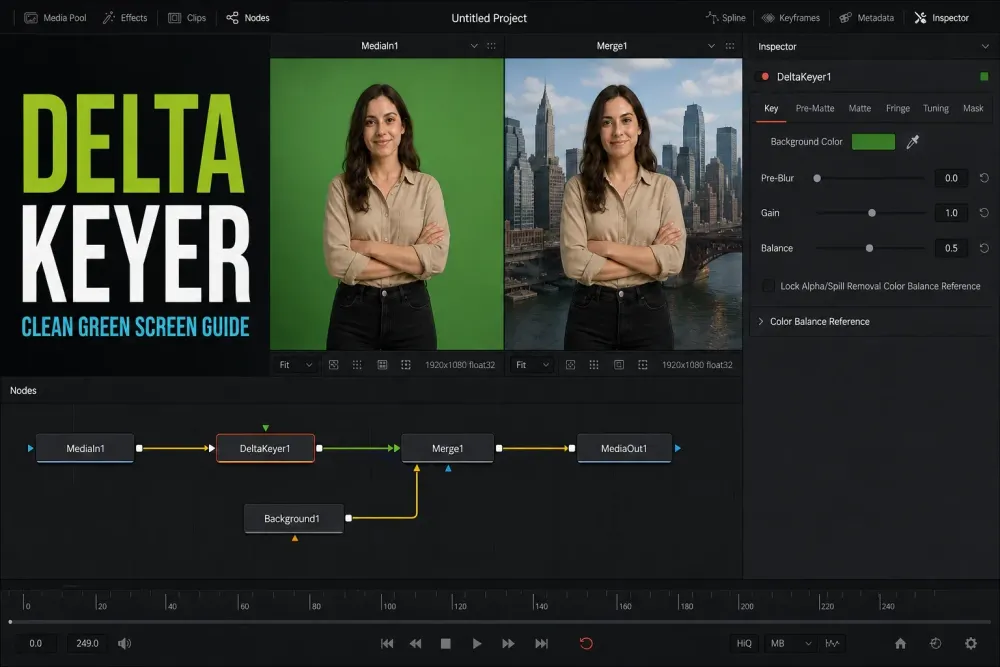 DaVinci Resolve 21 Delta Keyer settings guide with accurate Fusion Inspector and green-screen node graph