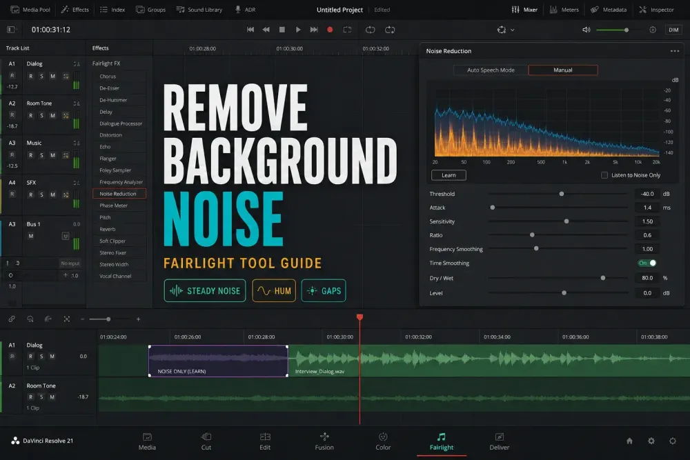 DaVinci Resolve 21 Fairlight background noise guide with Manual Noise Reduction controls and diagnostic tool choices