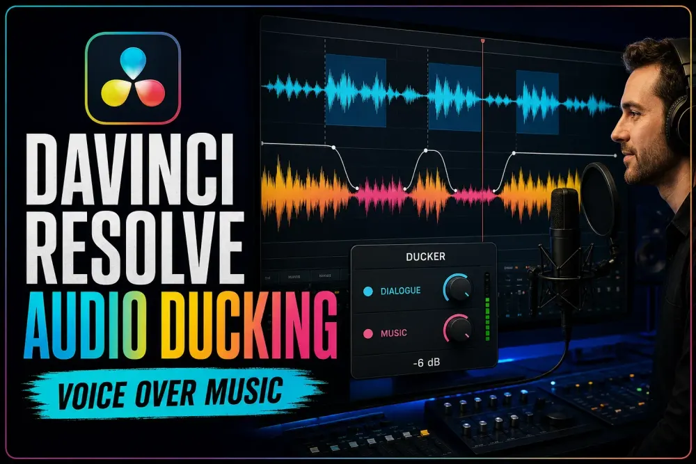 DaVinci Resolve dialogue waveform automatically lowering a music track beneath speech