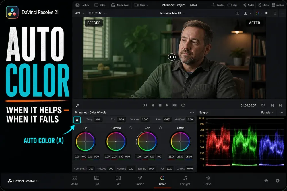 DaVinci Resolve Auto Color A button with before and after frame and RGB parade