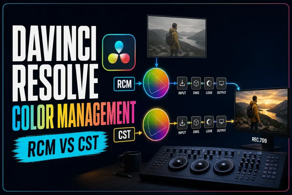 DaVinci Resolve RCM and CST color pipelines mapping camera log through a wide-gamut grade to Rec.709