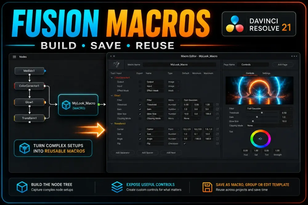 DaVinci Resolve 21 Fusion node tree converted into a reusable macro with custom controls