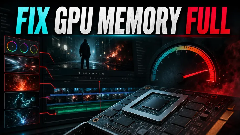 DaVinci Resolve GPU memory warning beside a timeline with heavy effects