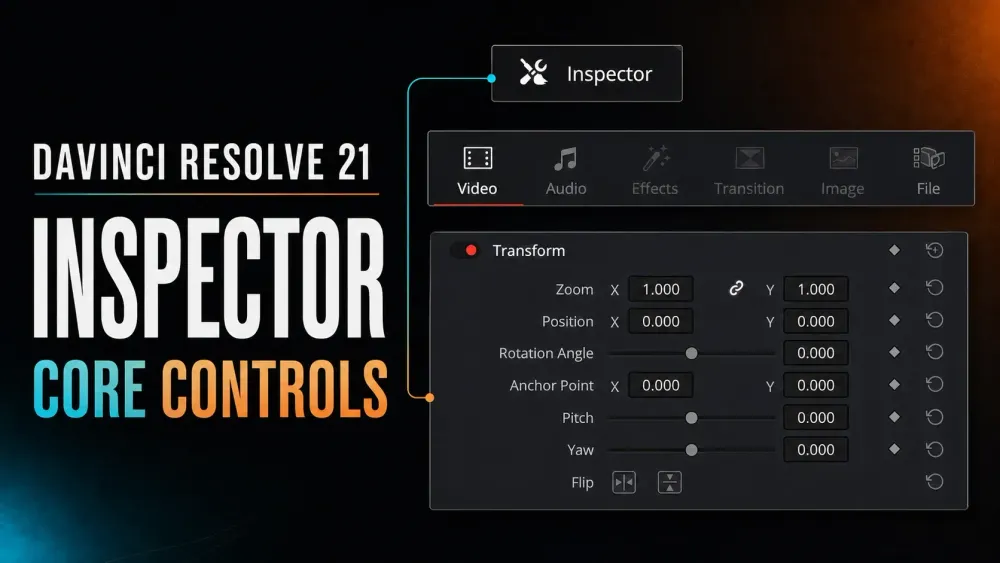 DaVinci Resolve 21 Inspector tabs and core Transform controls