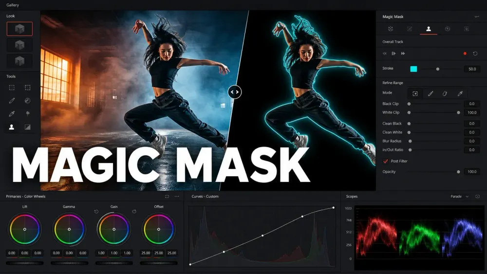 Magic Mask isolating a moving subject in DaVinci Resolve