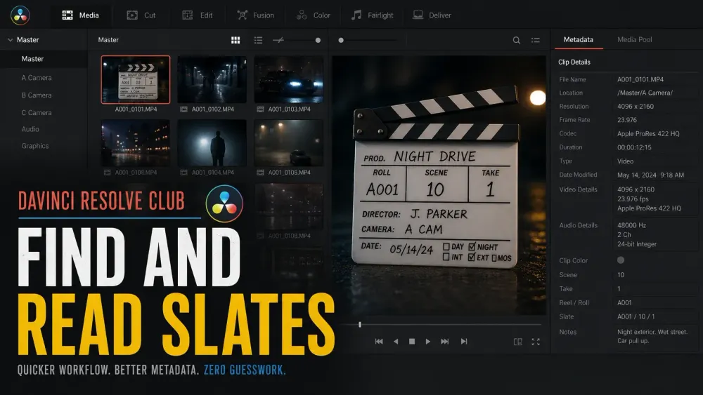 DaVinci Resolve 21 Slate Finder identifying a clapperboard and metadata
