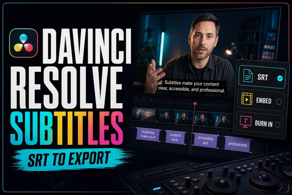 DaVinci Resolve subtitle track with timed caption cues and three delivery options