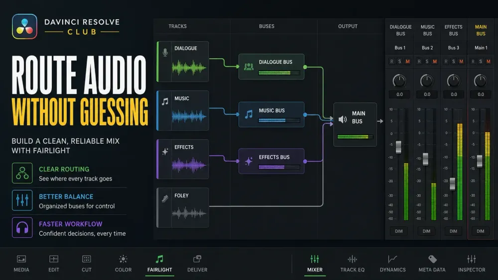 Dialogue, music and effects tracks routed through Fairlight buses to a stereo output