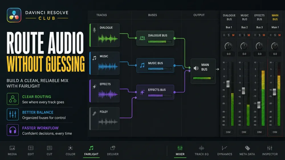 Dialogue, music, effects and Foley tracks routed through matching Fairlight buses to the Main bus