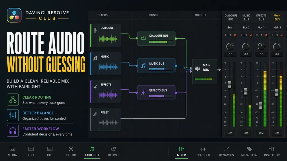 Dialogue, music and effects tracks routed through Fairlight buses to a stereo output