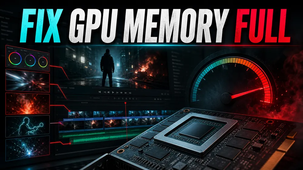 DaVinci Resolve GPU memory warning beside a timeline with heavy effects