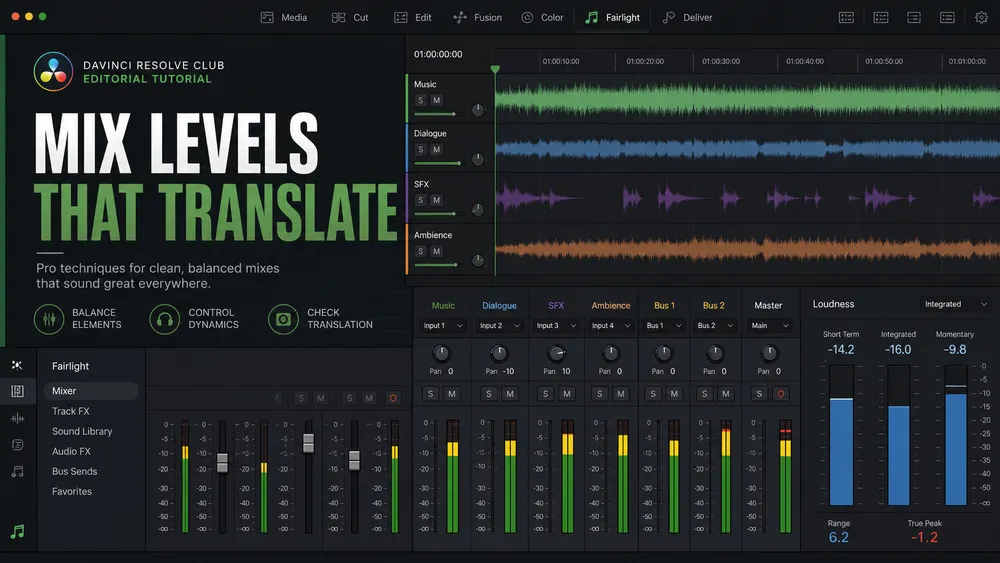 Fairlight loudness meters showing peaks and LUFS on a finished mix