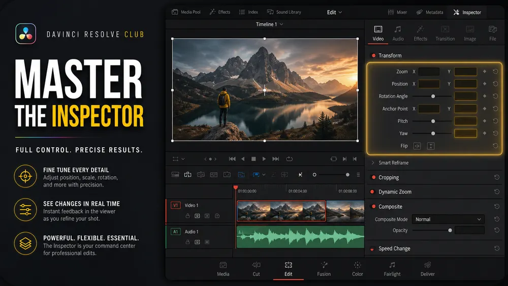 DaVinci Resolve Inspector with transform, crop and keyframe controls