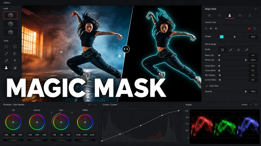 Magic Mask isolating a moving subject in DaVinci Resolve