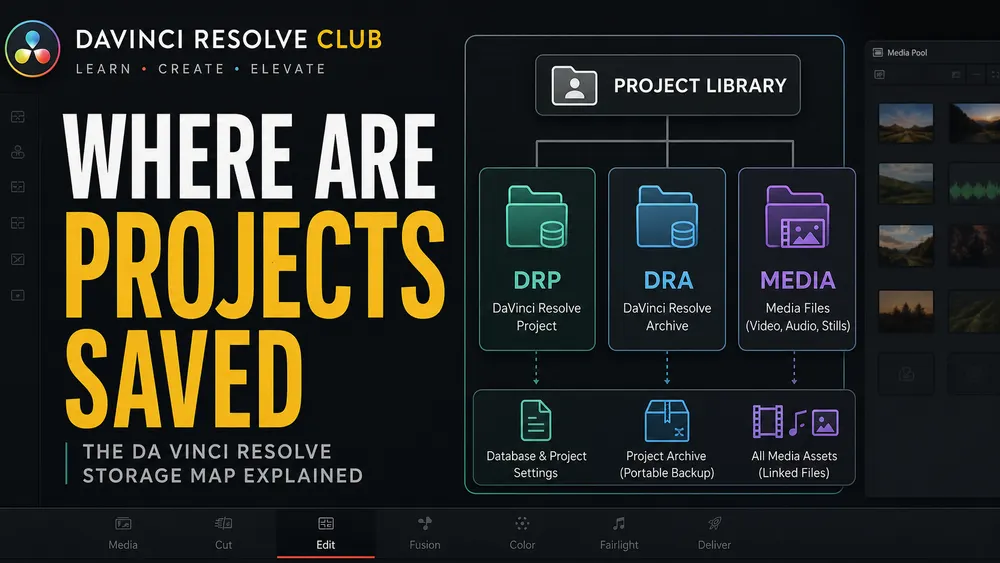DaVinci Resolve project library, DRP, DRA, media and cache storage map
