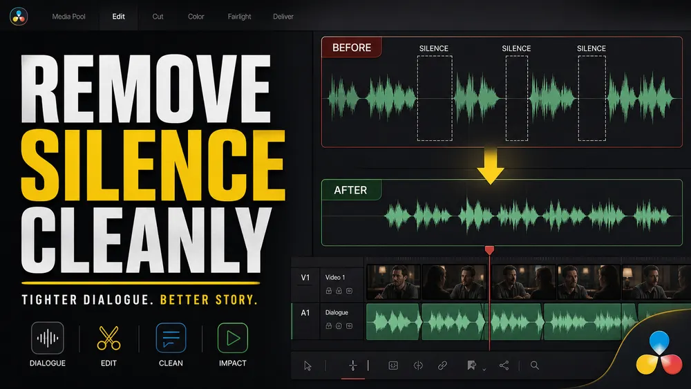 Dialogue waveform with silent pauses removed on a DaVinci Resolve timeline