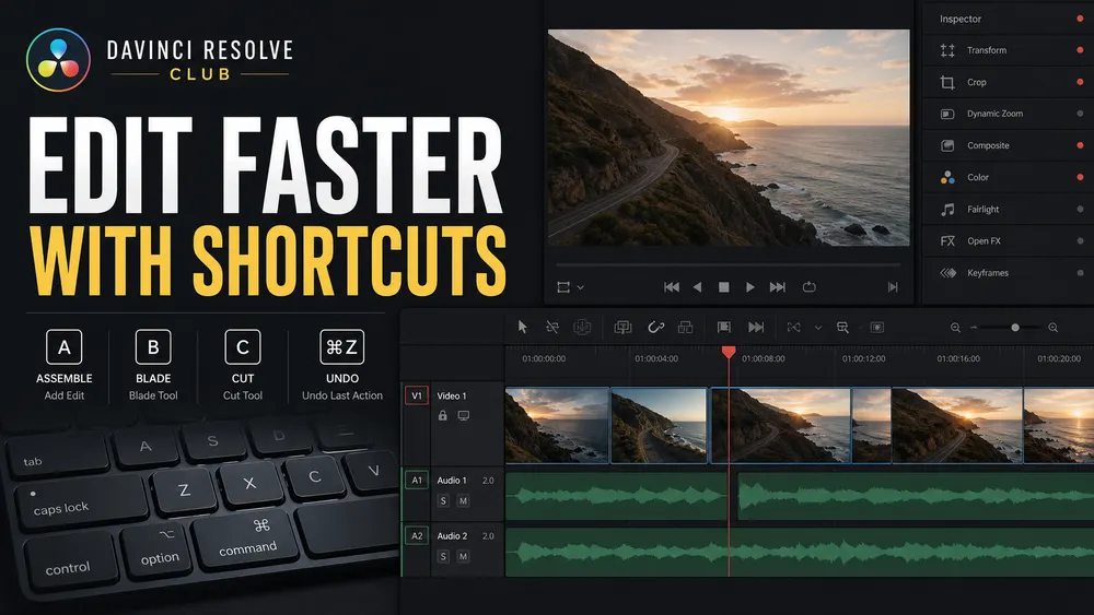 Resolve keyboard with editing shortcuts grouped by task