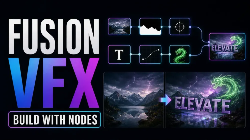 DaVinci Resolve Fusion workflow with nodes, tracking, keying and titles