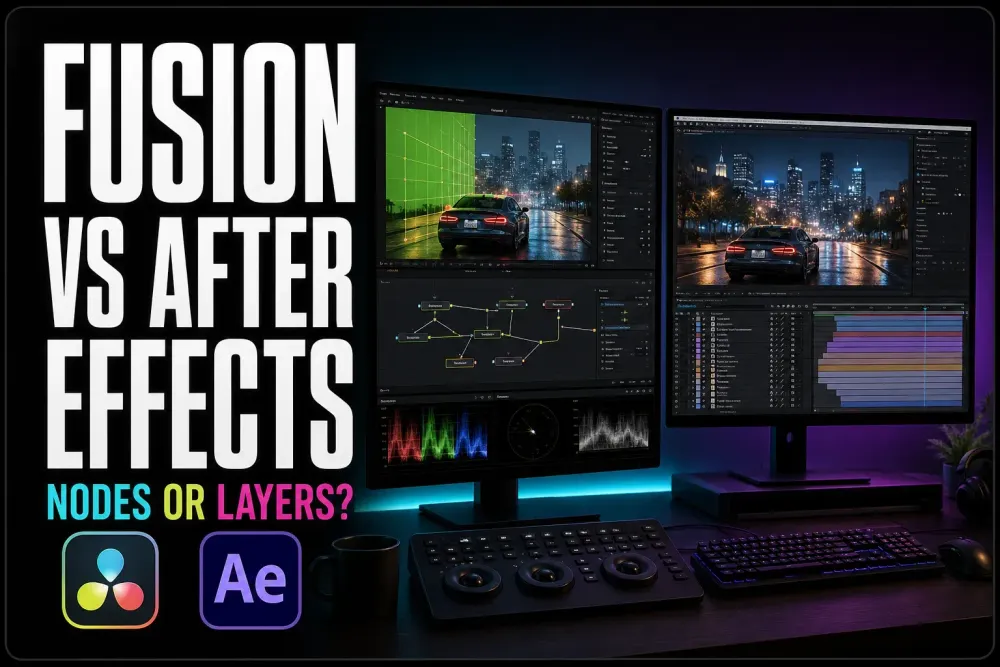 Fusion node graph versus After Effects layer timeline comparison