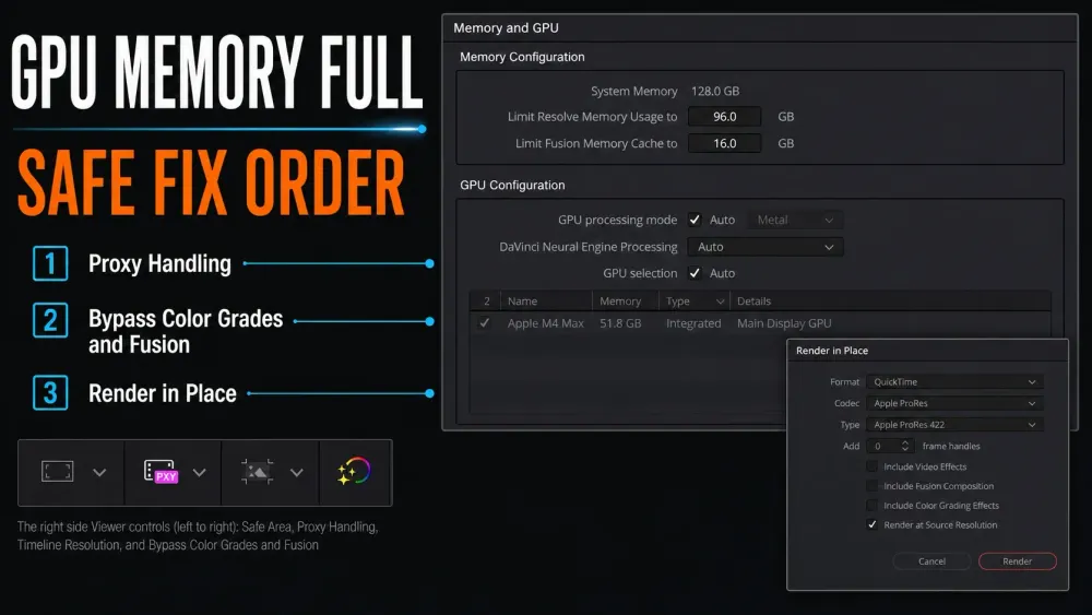 Resolve 21 Memory and GPU, Proxy Handling, bypass, and Render in Place controls for fixing allocation errors