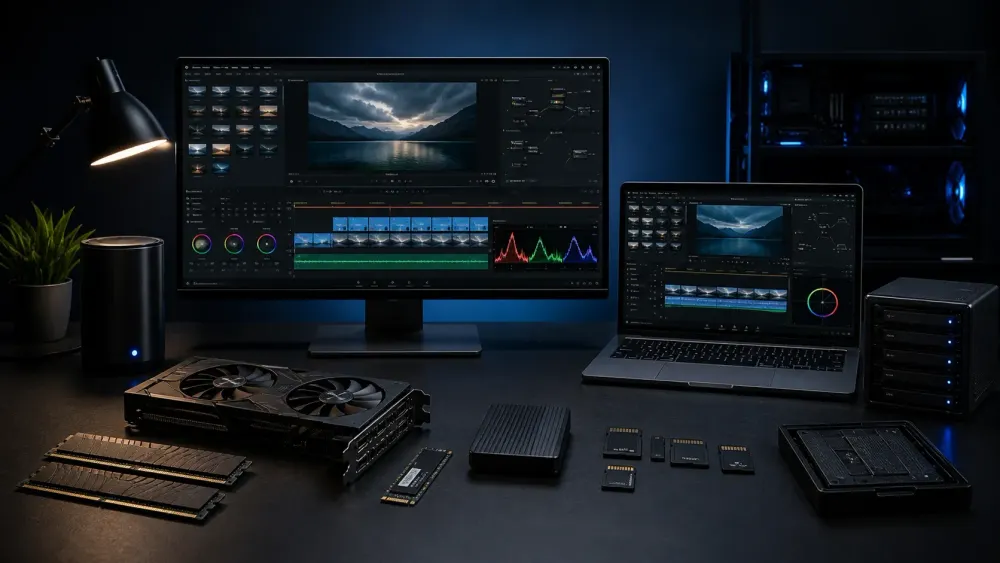 DaVinci Resolve editing workstation with GPU, memory and storage hardware
