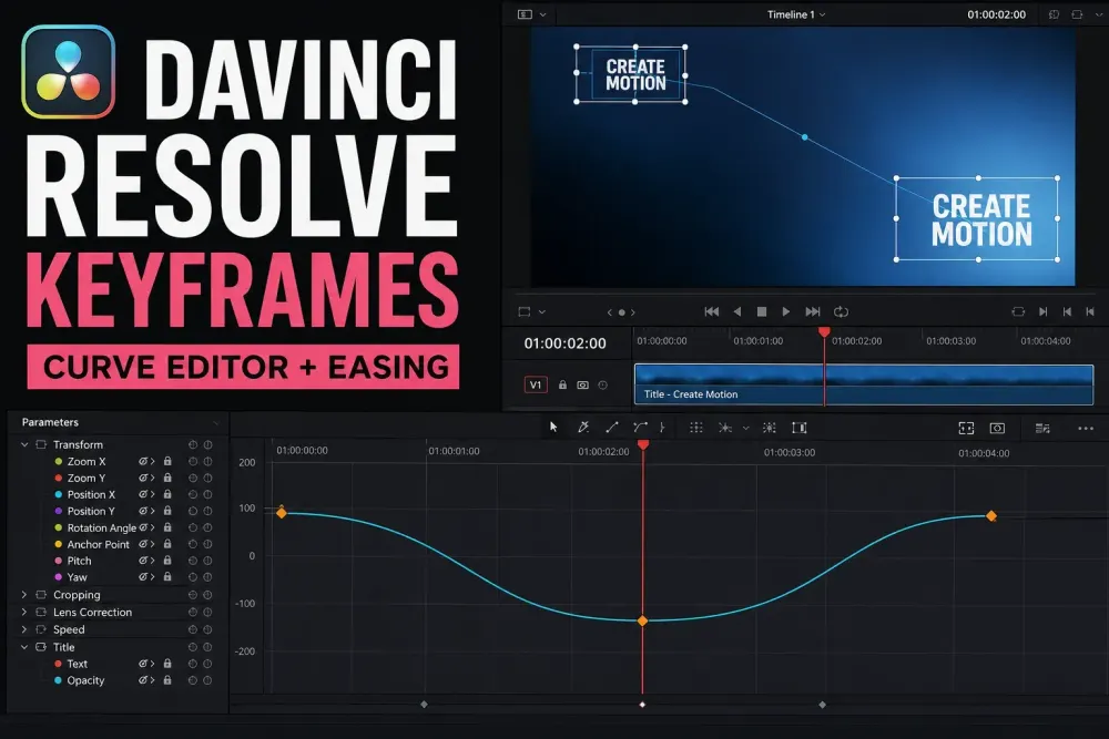 DaVinci Resolve 21 Curve Editor with cyan easing curve and orange Transform keyframes