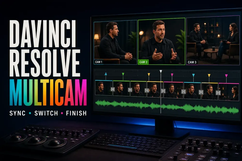 DaVinci Resolve multicam edit with three camera angles and an active timeline cut