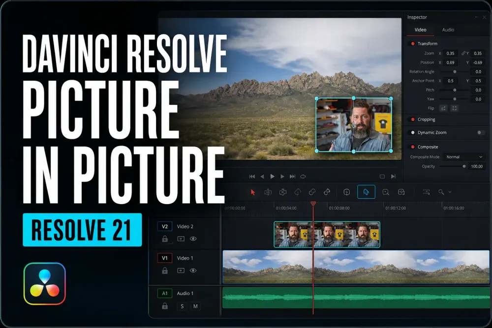 DaVinci Resolve 21 Edit page with a selected picture-in-picture facecam over a landscape timeline