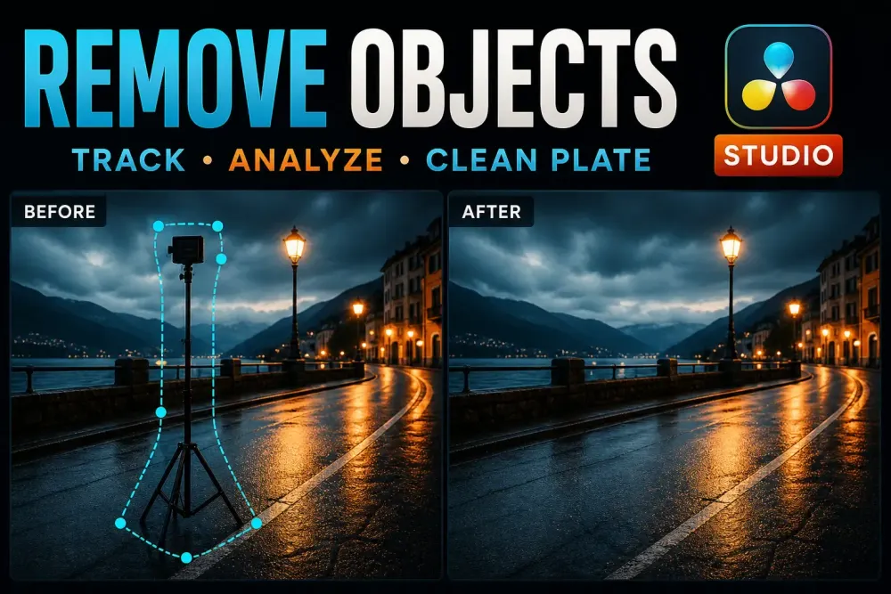 DaVinci Resolve Object Removal workflow replacing a tracked unwanted object