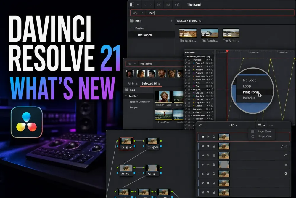 DaVinci Resolve 21 What's New cover with Photo, IntelliSearch, keyframe and Color interfaces