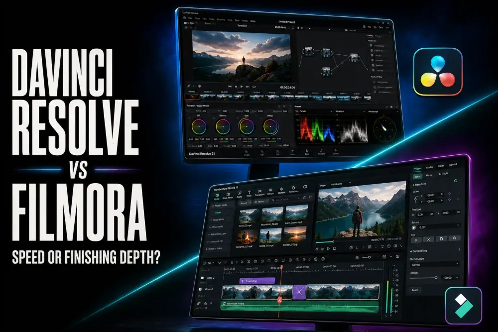 DaVinci Resolve 21 and Filmora 15 editing interfaces compared side by side