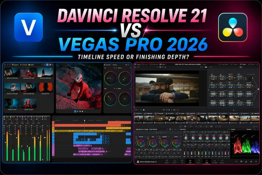 DaVinci Resolve 21 and VEGAS Pro 2026 editing interfaces compared side by side