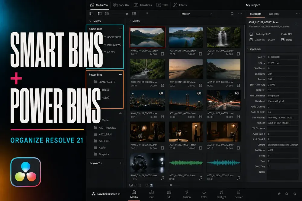 DaVinci Resolve 21 Media Pool organized with Smart Bins, Power Bins and reusable project assets