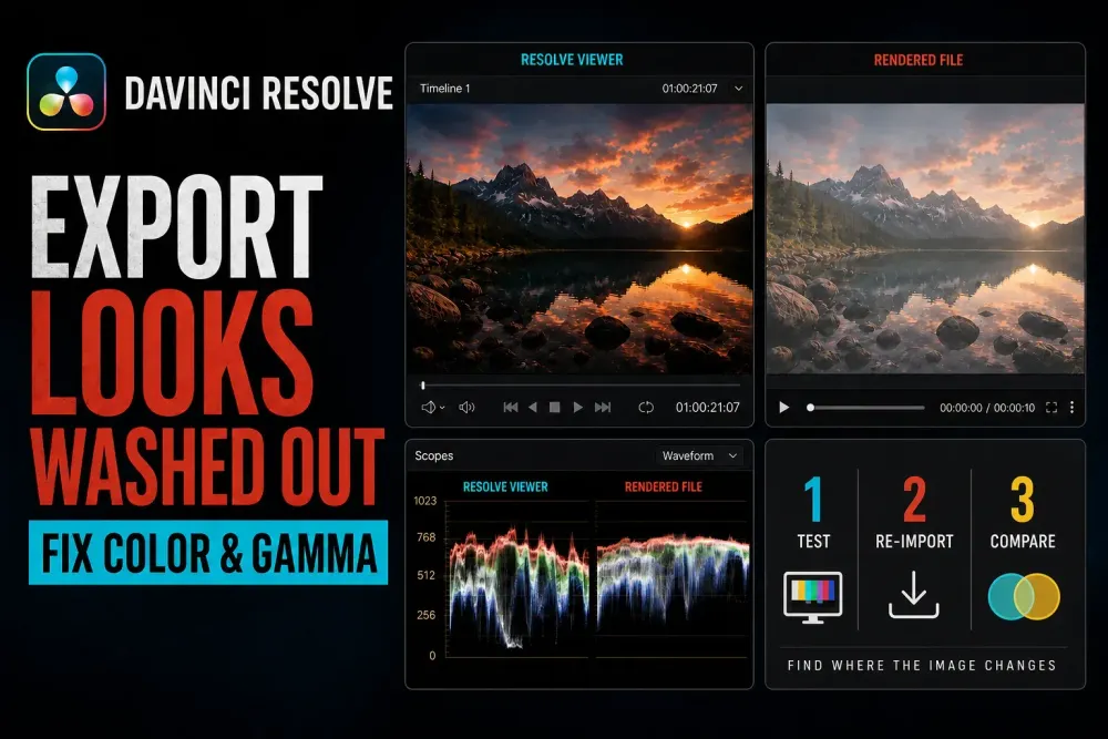 DaVinci Resolve viewer compared with a washed-out rendered file and waveform scopes