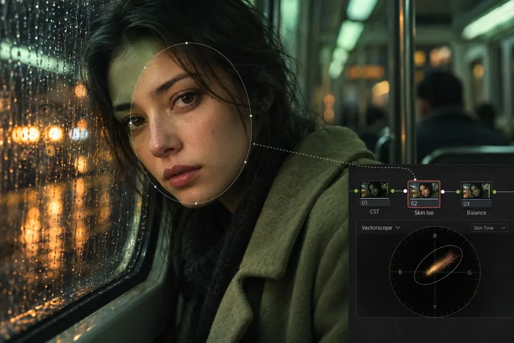 Face correction isolated by a soft Power Window, with color nodes and a vectorscope showing the skin-tone trace