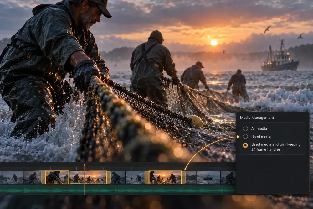 Fishing footage on a timeline with Media Management set to trim used media while keeping 24-frame handles