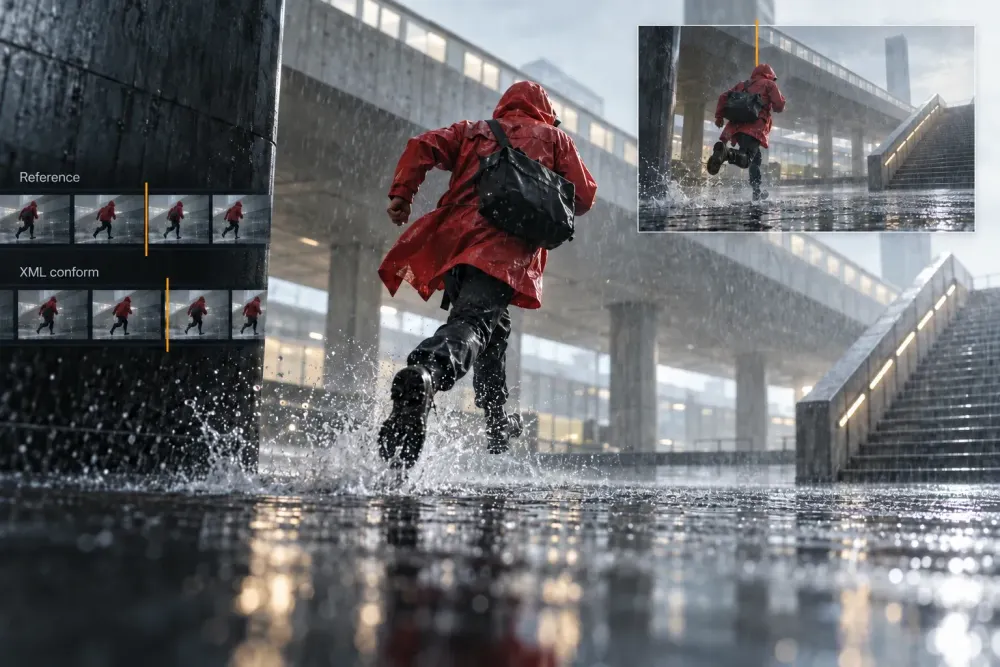 Rainy running shot compared between a reference sequence and its XML conform timeline
