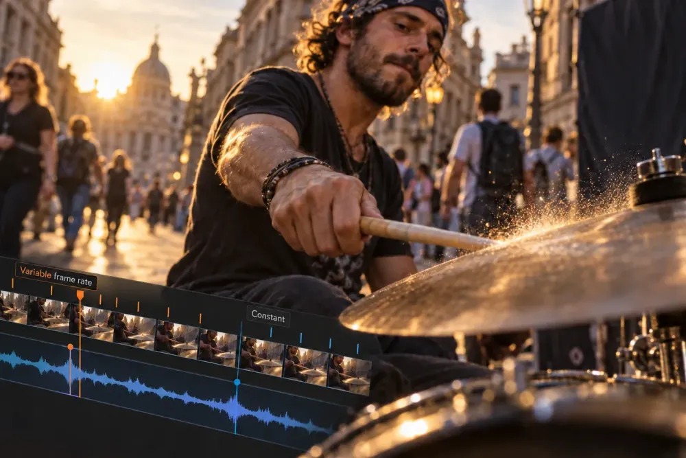 Street drummer above a video and audio timeline with variable and constant frame markers falling out of alignment