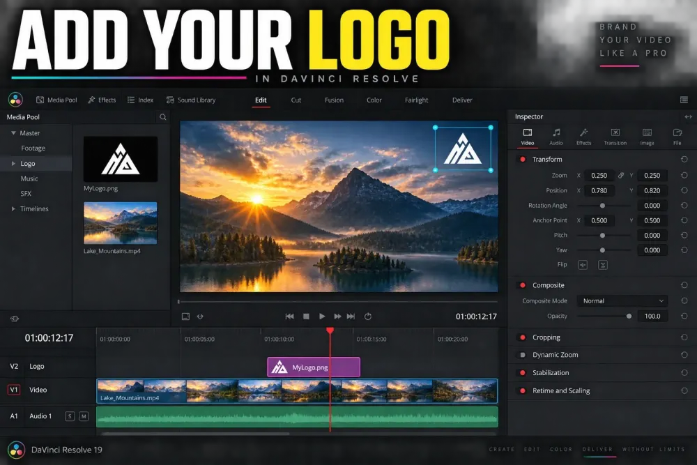 DaVinci Resolve Edit page with an abstract logo overlay on a track above the main footage