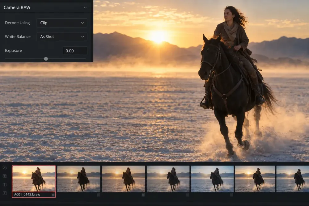 DaVinci Resolve Camera RAW controls beside a Blackmagic RAW clip of a rider on a sunlit salt flat