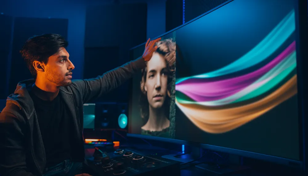 DaVinci Resolve Color Warper grid bending a blue and orange landscape palette