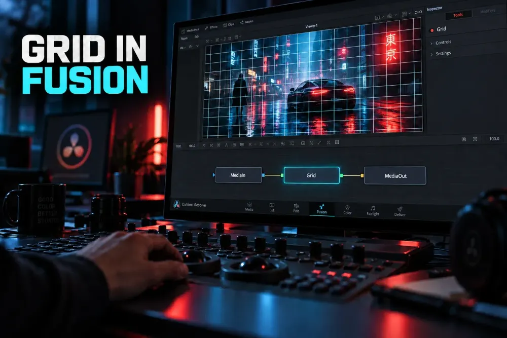 DaVinci Resolve Fusion workspace with a visible grid in the Viewer and MediaIn, Grid and MediaOut nodes