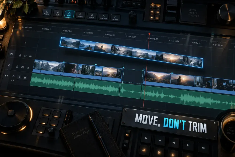 DaVinci Resolve timeline with a full-length clip being moved between neighboring edits